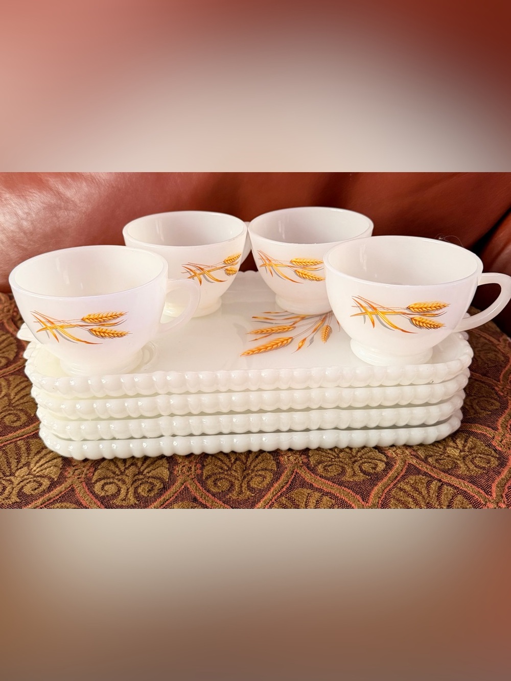 Anchor Hocking Fire-King Golden Wheat Milk Glass Snack Set Snack Set of 4